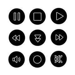 Icon set black and white media player control buttons play, pause, stop, record, volume, mute transparent background