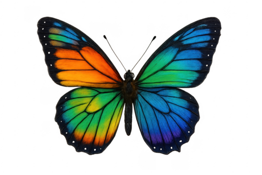 Colorful butterfly showing rainbow gradient wings, transparent background