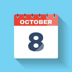 October 8 flat calendar icon with shadow