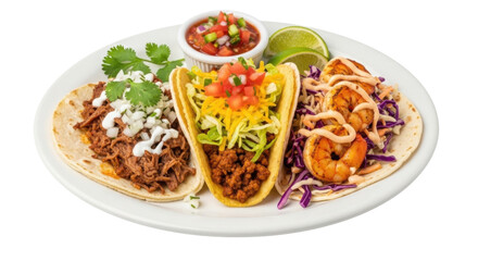 Three delicious tacos with various toppings on a plate isolated PNG with Transparent Background