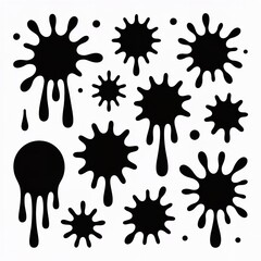 A collection of black ink splatters and drops on a white background creating an abstract pattern