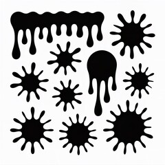 A collection of black paint splatters and drips on a white background in a graphic design layout