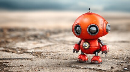 A red robot with a metallic body and a round head, standing on a rocky surface with a blurred background.