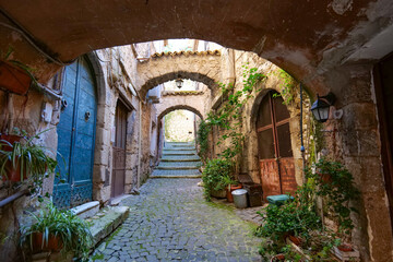 A narrow street among the houses of Monte San Giovanni Campano, a small medieval town in Lazio, Italy..