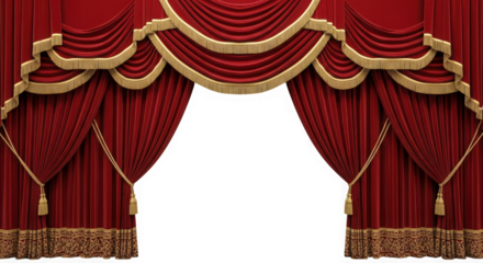 Ornate red theater curtains with gold trim isolated on transparent background