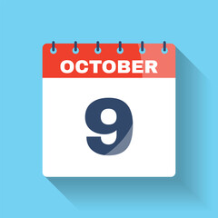 October 9 flat calendar icon with shadow