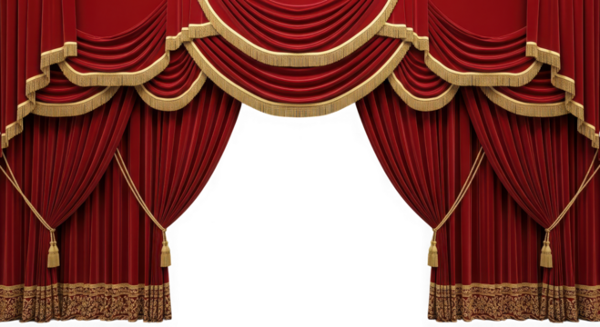 Ornate red theater curtains with gold trim isolated on transparent background
