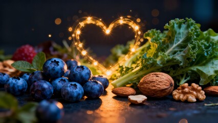 A heart-shaped string of lights illuminates a vibrant assortment of fresh berries, nuts, and leafy greens, creating a warm and inviting display of healthy food.