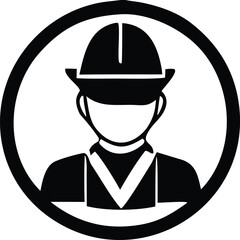 Icon of a construction worker or engineer in a hard hat and safety vest within a circular emblem representing professional services