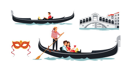 Serene Venice Gondolas, Masks, and Bridges in Artistic Illustration Reflecting the City's Enchanting Essence and Timeless Romantic Allure