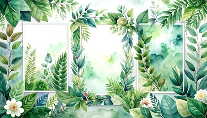 Lush leafy watercolor frames in white with vibrant green plant life surrounding them