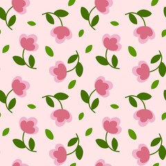 seamless floral pattern gingham – pink flower and green leaf design on pink background