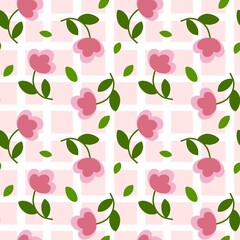seamless floral pattern gingham – pink flower and green leaf design on pink background