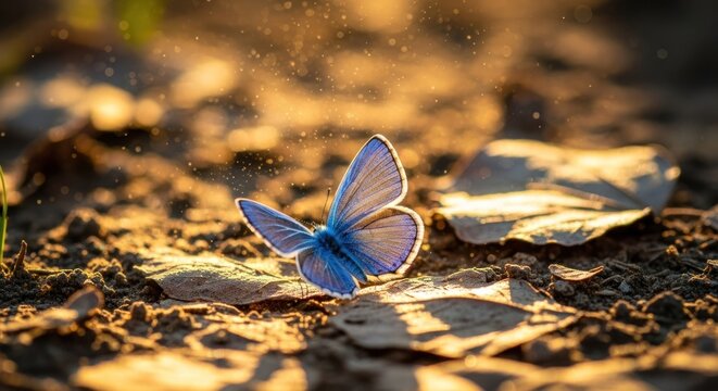 Small blue butterfly resting on leaf in golden sunlight, speckled bokeh