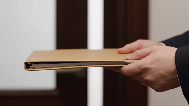 Business professionals exchanging documents in office environment