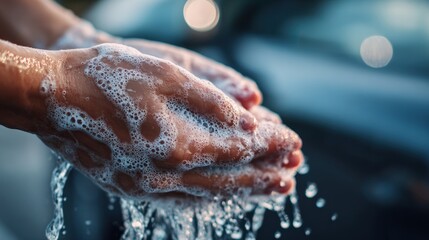 Fototapeta premium A person's hands washing with soap and water.