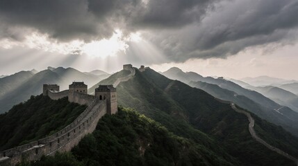 Fototapeta premium Ancient stone wall winding through lush mountains under dramatic sky with sun rays