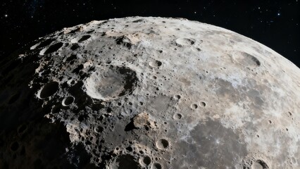 Close-up view of the Moon's rugged surface, showcasing numerous craters and textured terrain under stark lighting.