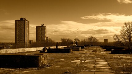 Fototapeta premium Sepia Rooftop View with Brutalist Towers and Urban Skyline