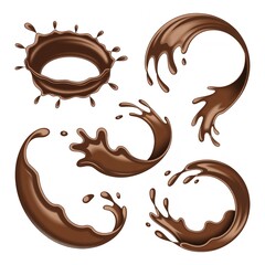 A set of chocolate splashes and swirls isolated on a white background in a vector illustration style