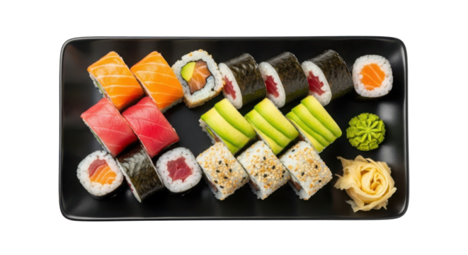 Sushi platter with assorted maki rolls on black plate isolated PNG with Transparent Background