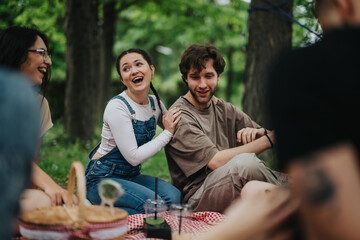 Group of young adults enjoys a fun-filled picnic outdoors, sharing laughter and connection. Relaxing in the lush greenery, they create joyful moments and lasting memories in a lovely natural setting.