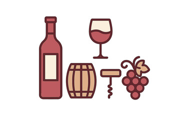 Collection of wine related items including bottle, glass, grapes, barrel, and corkscrew for beverage industry