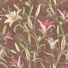 Bohemian Lilies Warm Taupe Autumn Floral Seamless Pattern