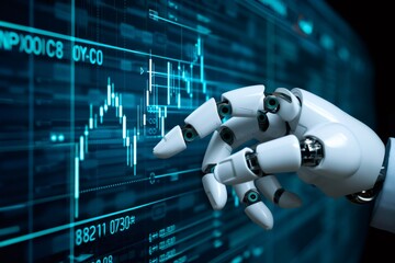 Robot hand interacting with digital financial stock market data chart