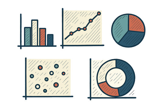 Diverse collection of business data visualization charts and graphs including bar, line, pie, scatter, and donut charts for analysis