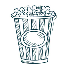 Pop corn doodle icon vector isolated. Hand-drawn illustration of a cinema snack. Delicious popcorn in a box. Tasty snack woth a salt.
