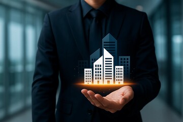 Real Estate Investment Growth – Businessman Holding Digital City Buildings for Property Development and Urban Business Opportunities