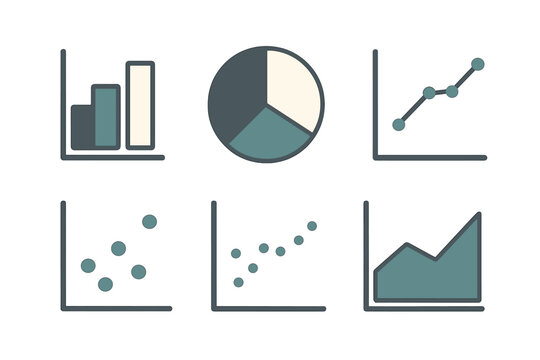 Modern collection of diverse data visualization diagrams including bar, pie, line, and scatter plots for business analysis and reporting