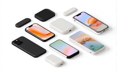 Fototapeta premium Isometric arrangement of smartphones and cases, showcasing various colors and designs on a white background. The devices are positioned at different angles, creating a dynamic visual