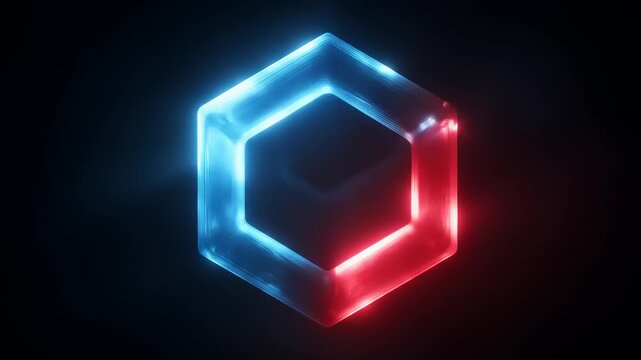 A glowing, hexagonal prism radiates vibrant blue and red light against a dark backdrop.