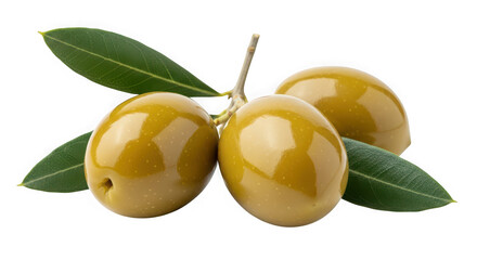 Green olives with leaves isolated on transparent background