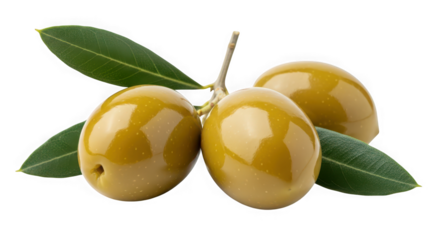 Green olives with leaves isolated on transparent background