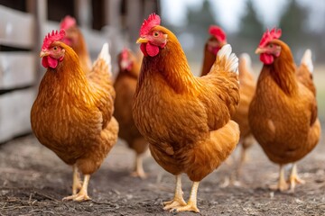 Fototapeta premium Brown hens walking on farm ground