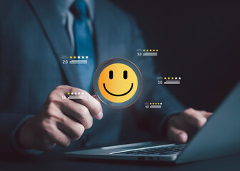 Businessman analyzing customer satisfaction with smiley face star rating icons, symbolizing feedback, review, user experience, evaluation, service quality, performance, online reputation management.