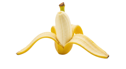 Ripe banana partially peeled, ready to eat isolated PNG with Transparent Background