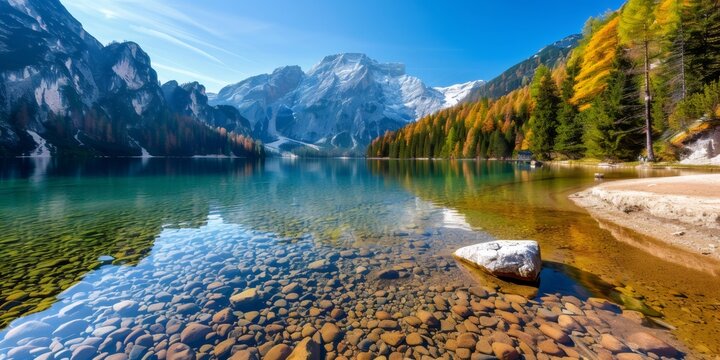 Lago di braies lake dolomites displaying autumn colors