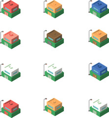 Isometric green buildings set with street lamps, vector city blocks, rooftop variations, game assets, UI design, cartoon architecture, pastel urban elements, digital illustration