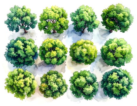 Trees, aerial view, watercolor style