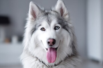 Playful Siberian Husky portrait in an indoor studio setting with a minimalist background, highlighting the animala??s companionship.