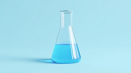 A blue liquid in a conical flask on a light blue background.