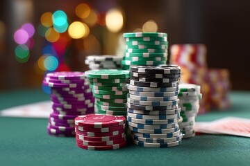 Poker chips stacked high on a green felt casino table, with playing cards and colorful bokeh lights in the background, evoking the excitement and thrill of a casino environment.