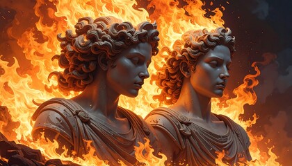 Two sculpted figures in flames