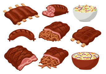 A collection of barbecue meats including ribs pulled pork sausage and coleslaw side dishes