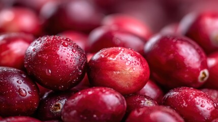 Fresh cranberries with water droplets on them.