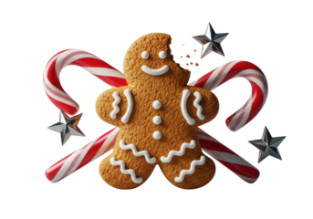 Extreme macro of a golden-brown gingerbread man with a bite taken from its head, crumbs visible, glistening white icing. Crossed red candy canes, metallic stars, gray background, festive indulgence